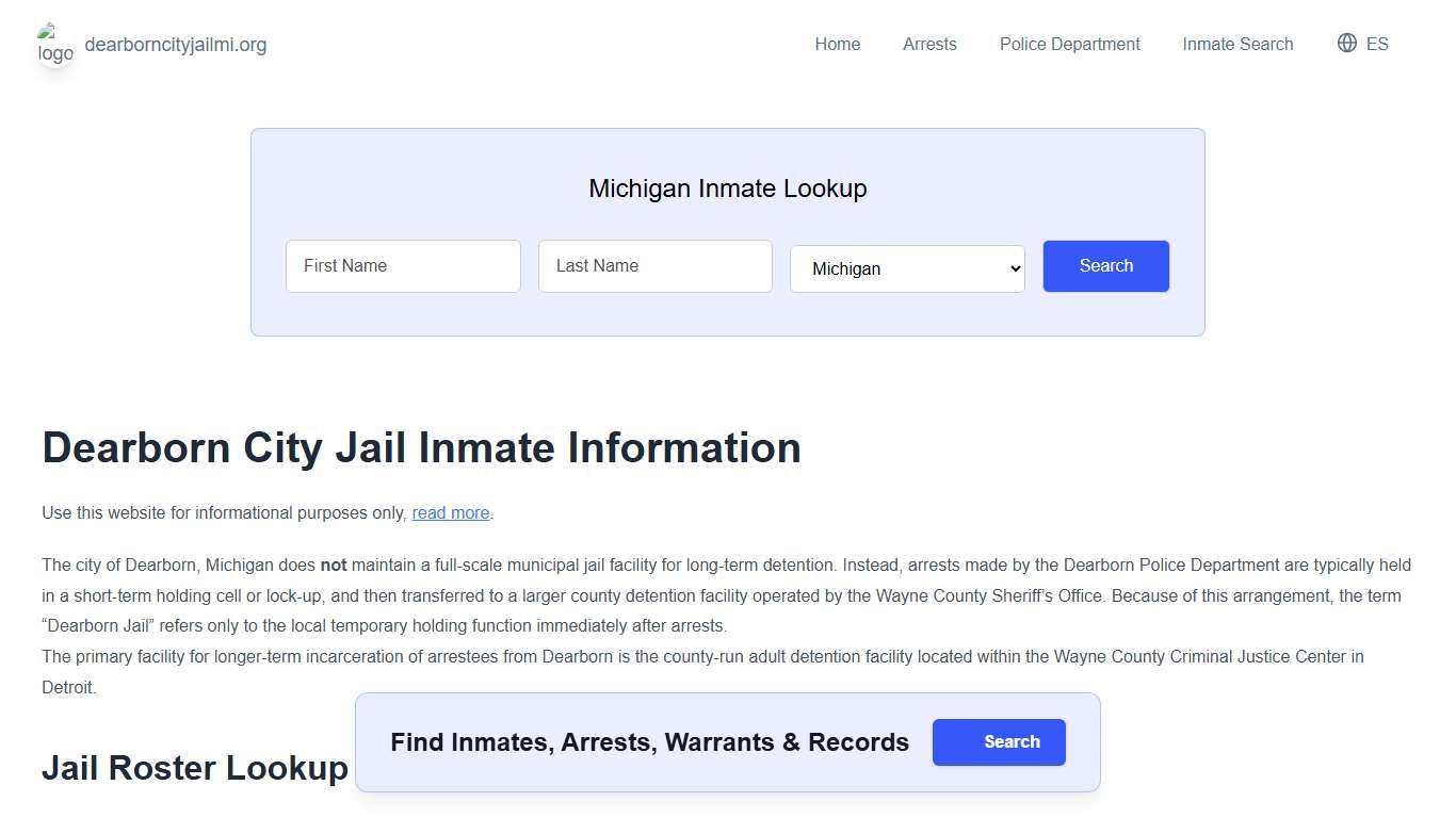 Dearborn Jail, MI Inmate Roster, Municipal Jail Info